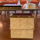 Hollywood regency brass and woven bamboo magazine rack, Metal Linea Nova Italy 1970