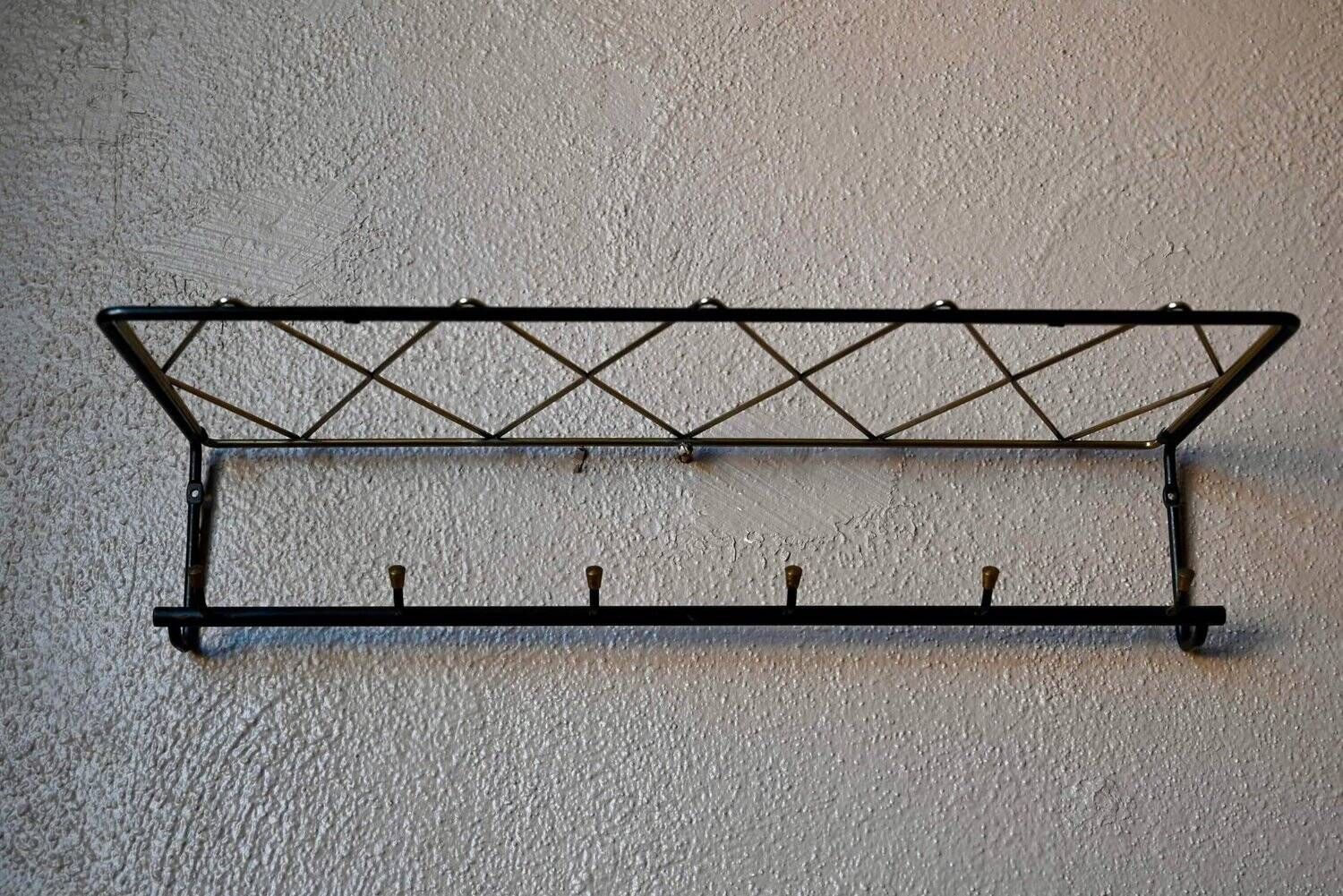 Vintage retro wall coat rack – Black metal & brass Mid-Century design