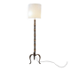 Tripod floor lamp in wrought iron and brass with bamboo-style base.