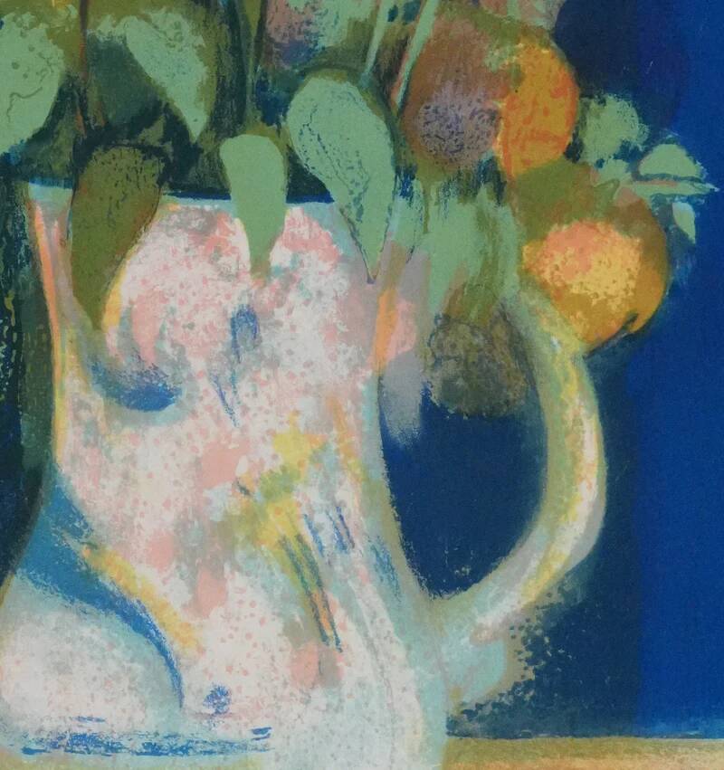Paul Collomb: Bouquet on a blue background, signed original lithograph.