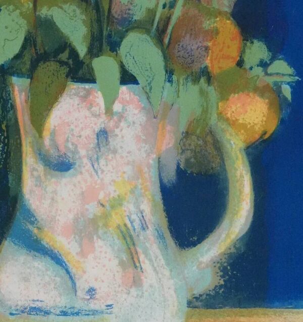 Paul Collomb : Bouquet au fond bleu, lithographie originale signée