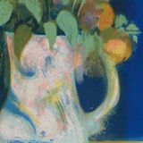 Paul Collomb: Bouquet on a blue background, signed original lithograph.