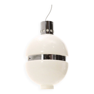 White glass and chrome metal chandelier, 1960s