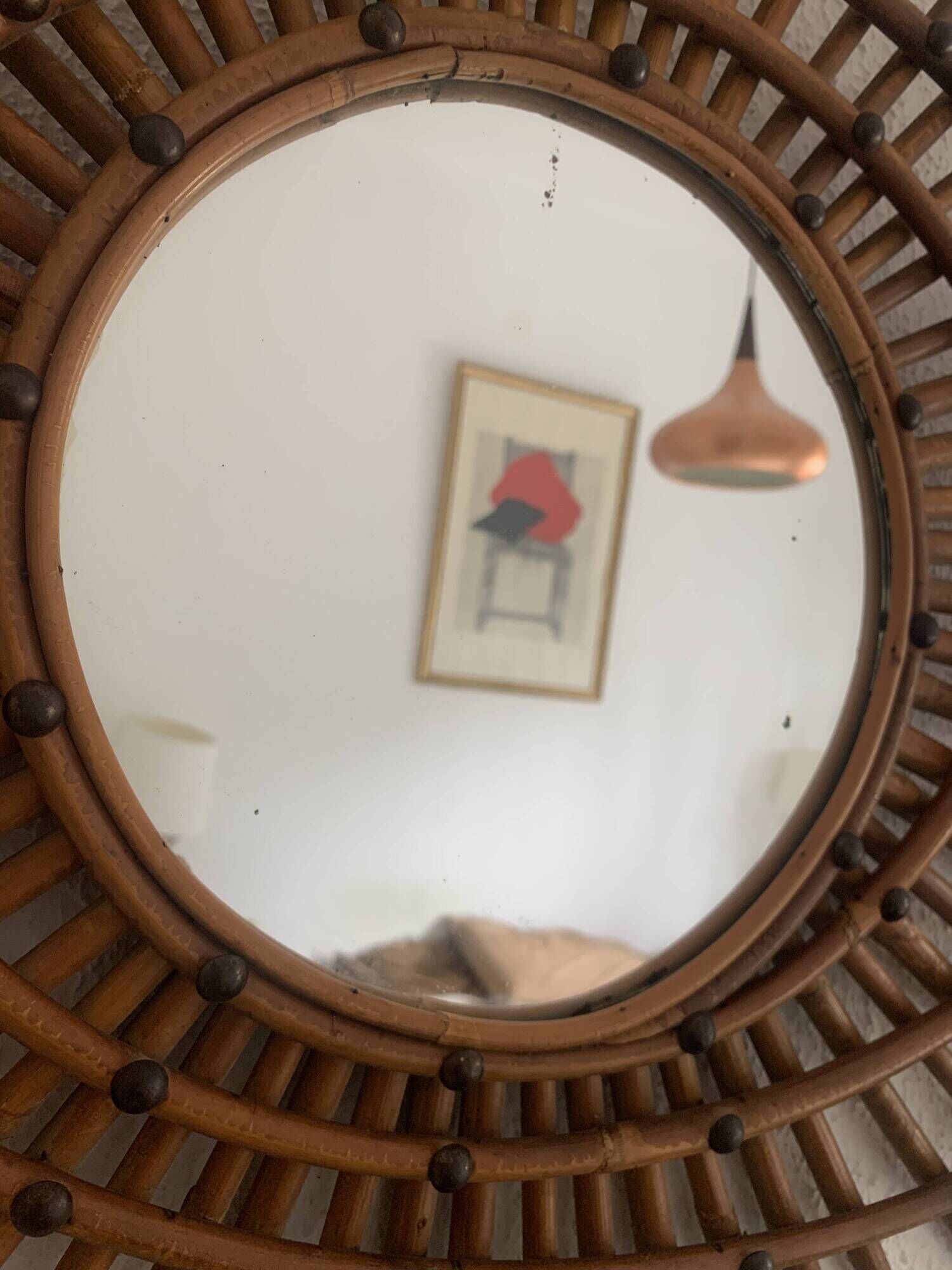 Vintage 1960s sun mirror in rattan, ORTF style, spiral - 80 x 62 cm