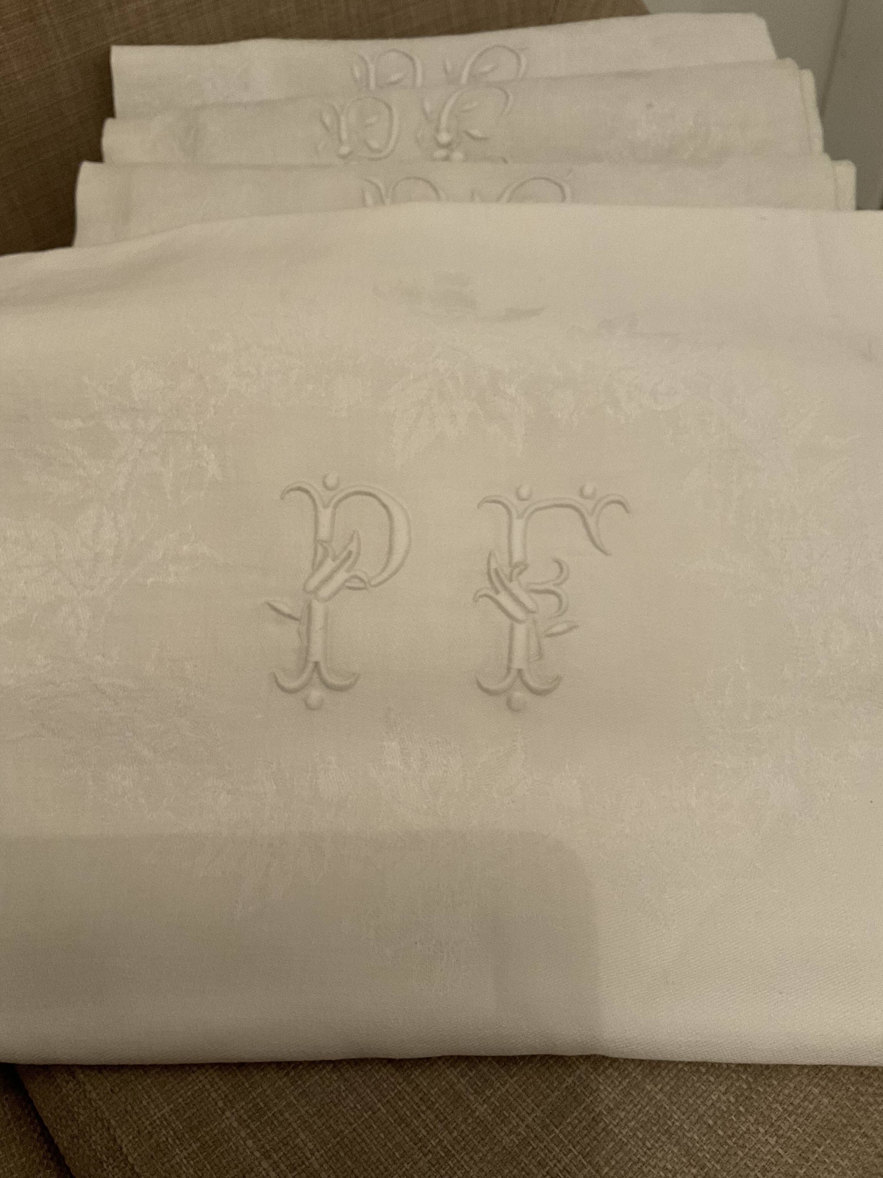 6 linen damask towels, monogram pc/pf/pb