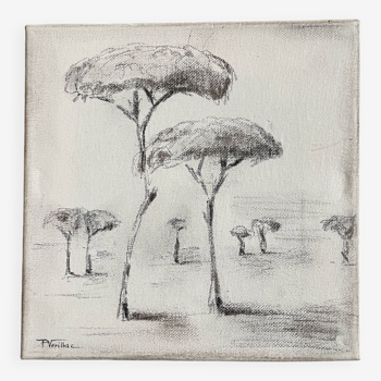 Tableau signé fusain sur toile avec châssis bois « pins parasols Provence »