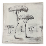 Painting signed charcoal on canvas with wooden frame “provence umbrella pines”