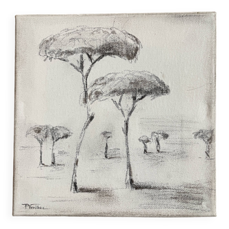 Painting signed charcoal on canvas with wooden frame “provence umbrella pines”
