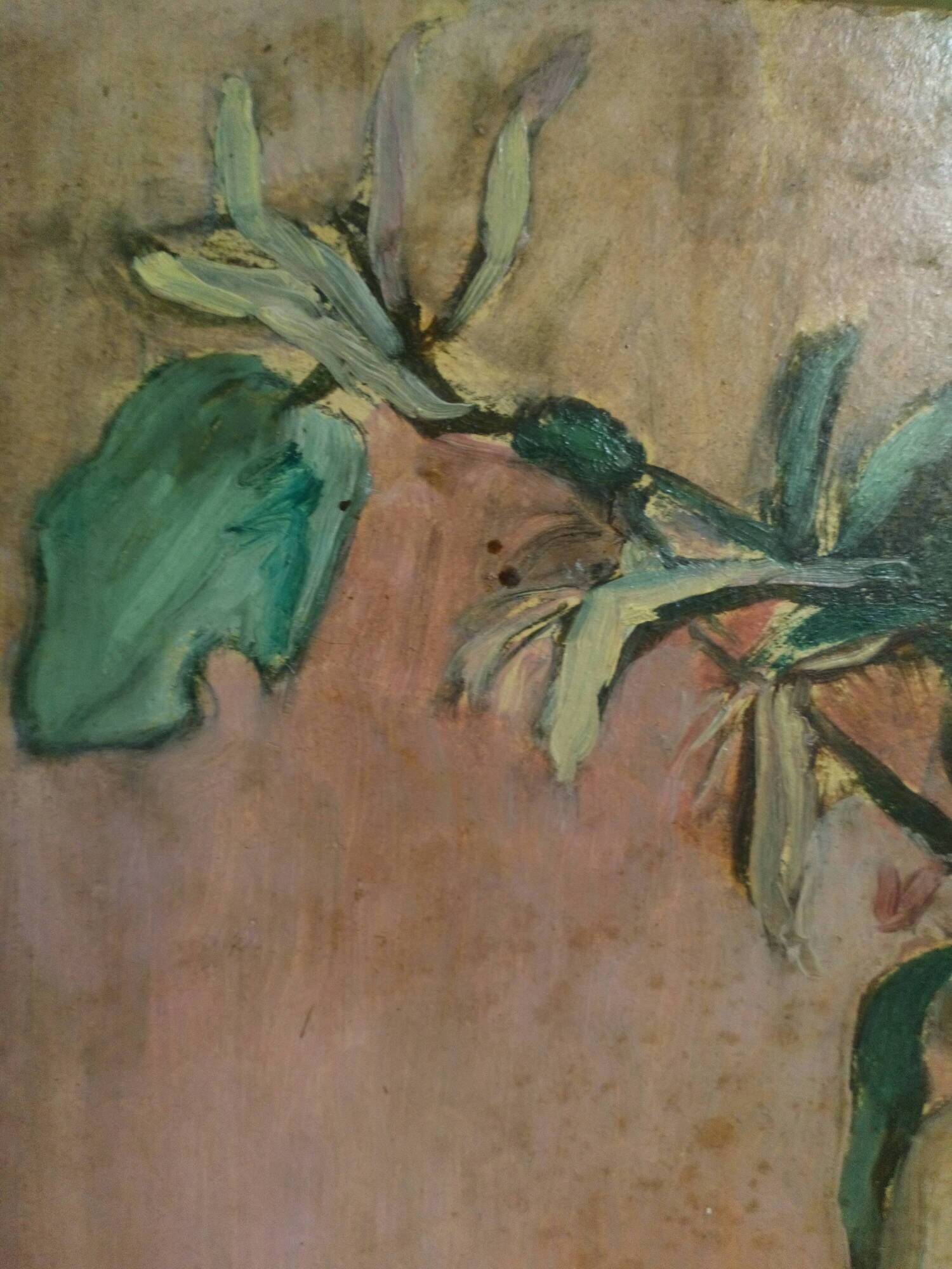 Oil painting on cardboard honeysuckle branch