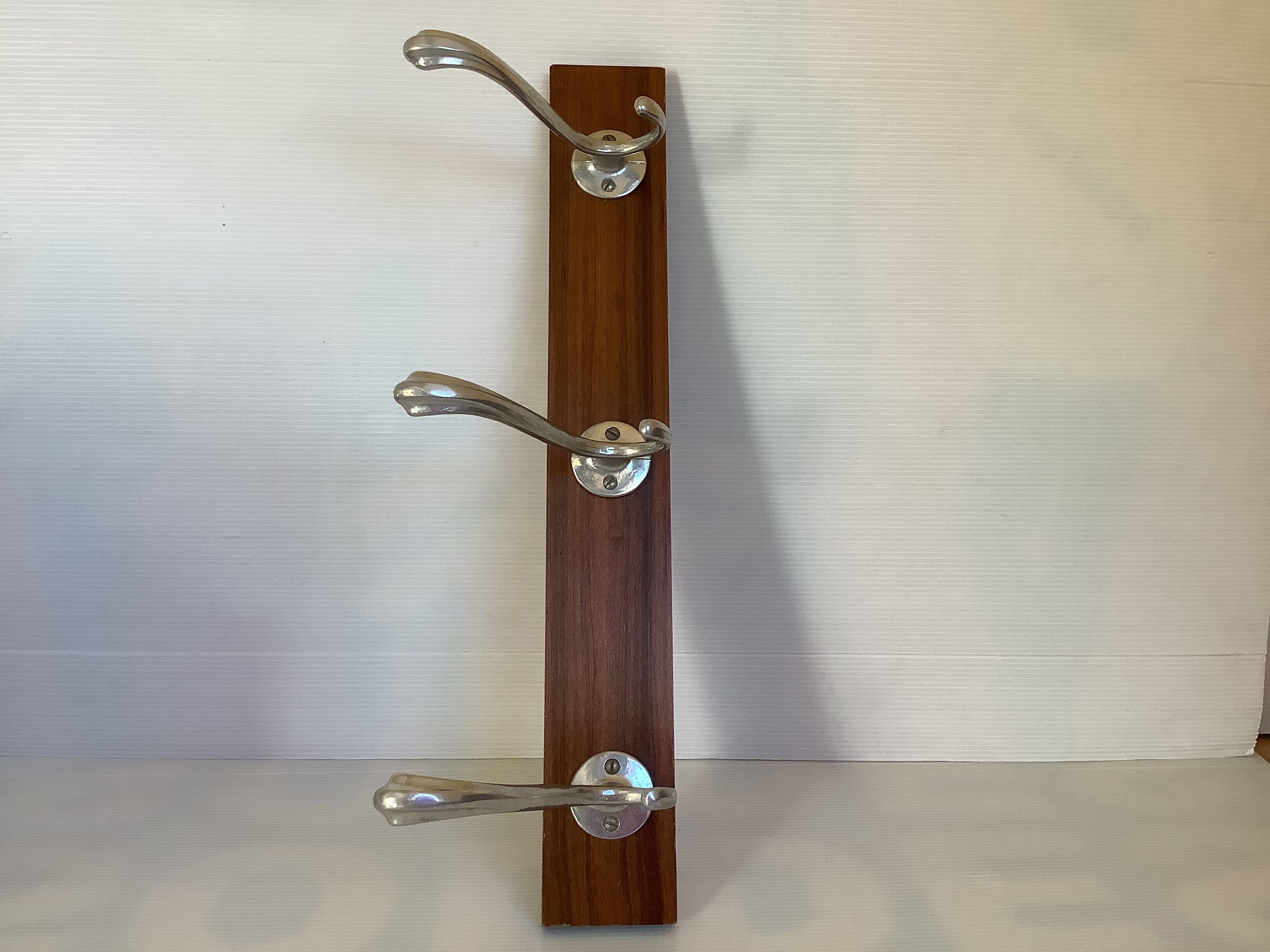 Old coat rack wood aluminum 3 hooks