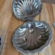 Vintage shell butter dish in silver-plated metal and blue glass – complete