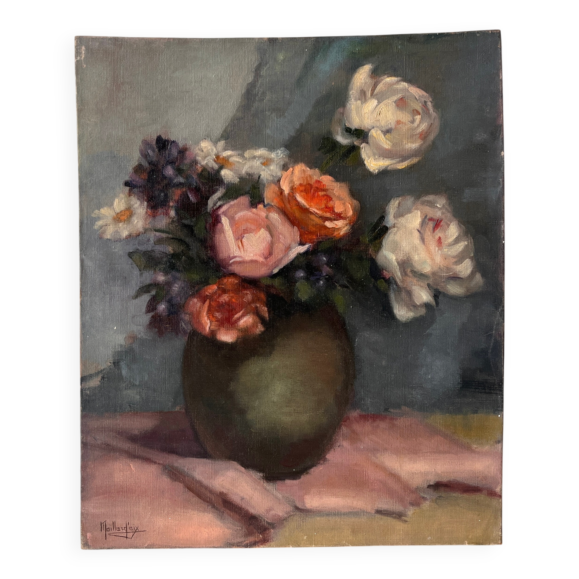 Nature morte à l'huile sur toile "le bouquet de roses" 1930, tableau ancien
