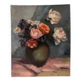 Nature morte à l'huile sur toile "le bouquet de roses" 1930, tableau ancien