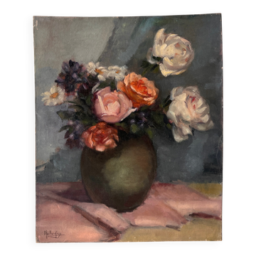 Still life in oil on canvas "the bouquet of roses" 1930, antique painting