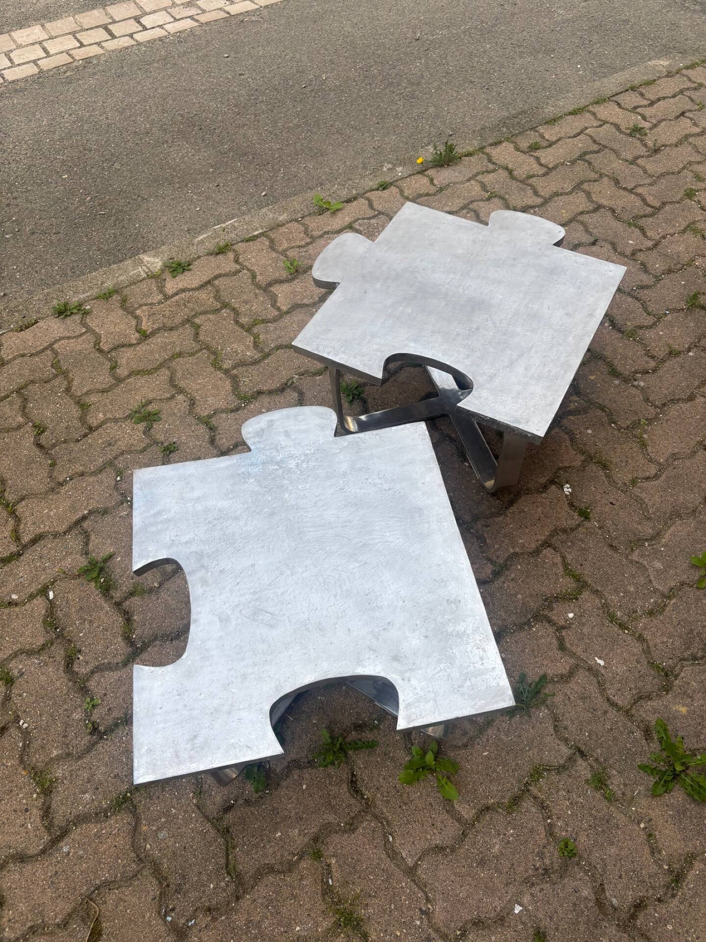 Pair of uniquely designed handmade puzzle coffee tables
