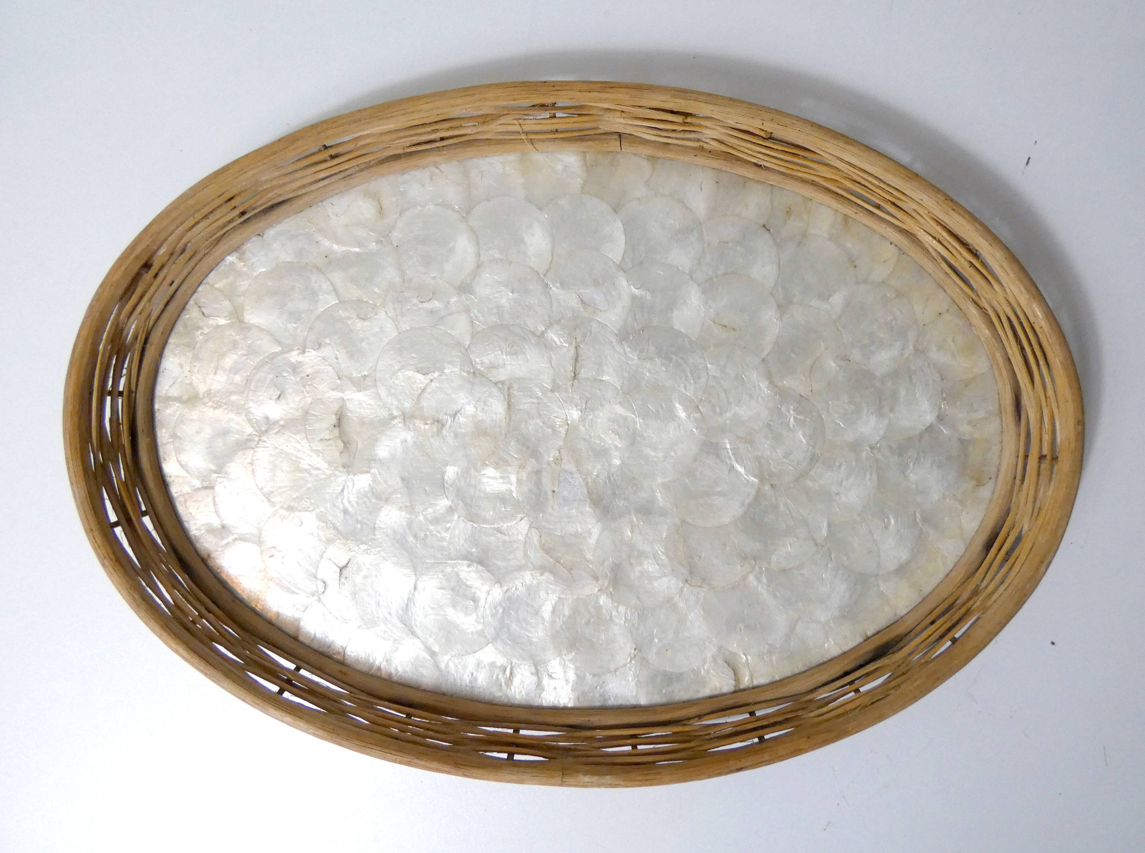 vintage rattan and mother-of-pearl tray