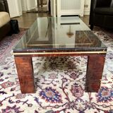 Table basse en bois massif laqué, plateau en verre