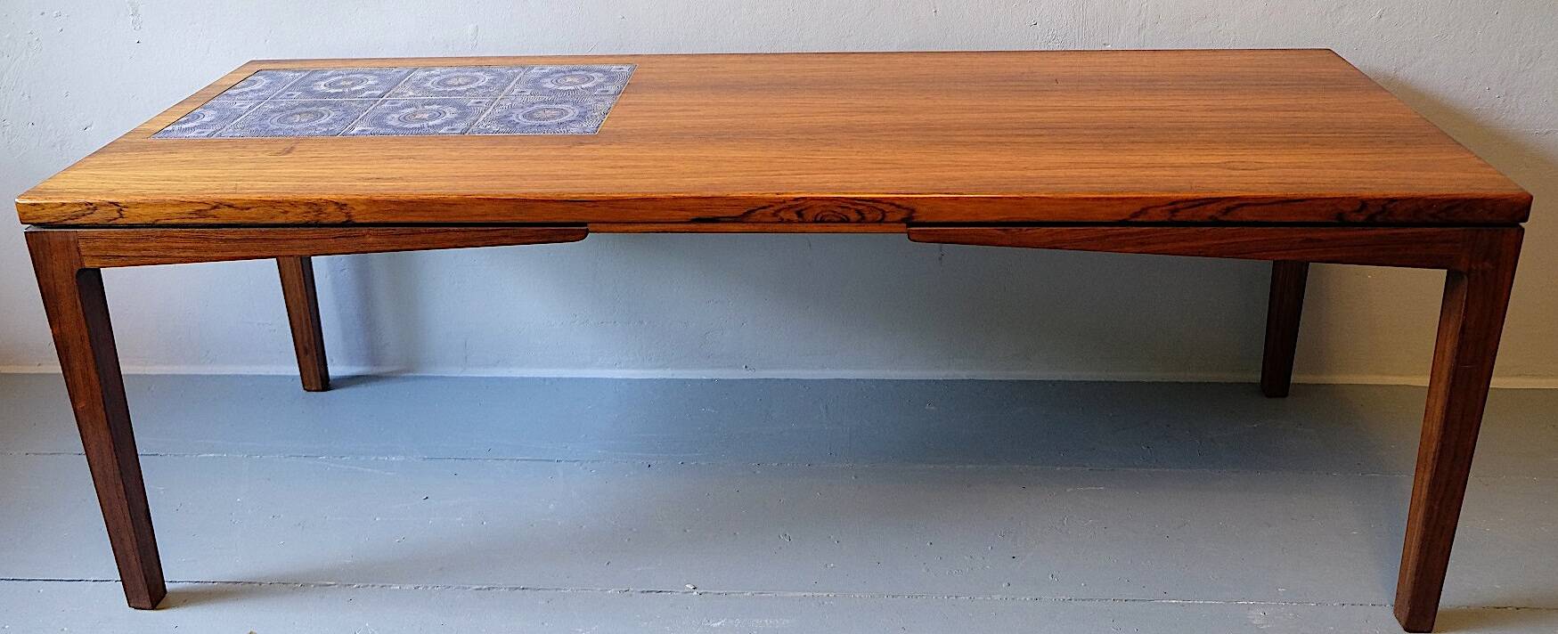 Rosewood coffee table with blue ceramic tiles, Denmark 1960s
