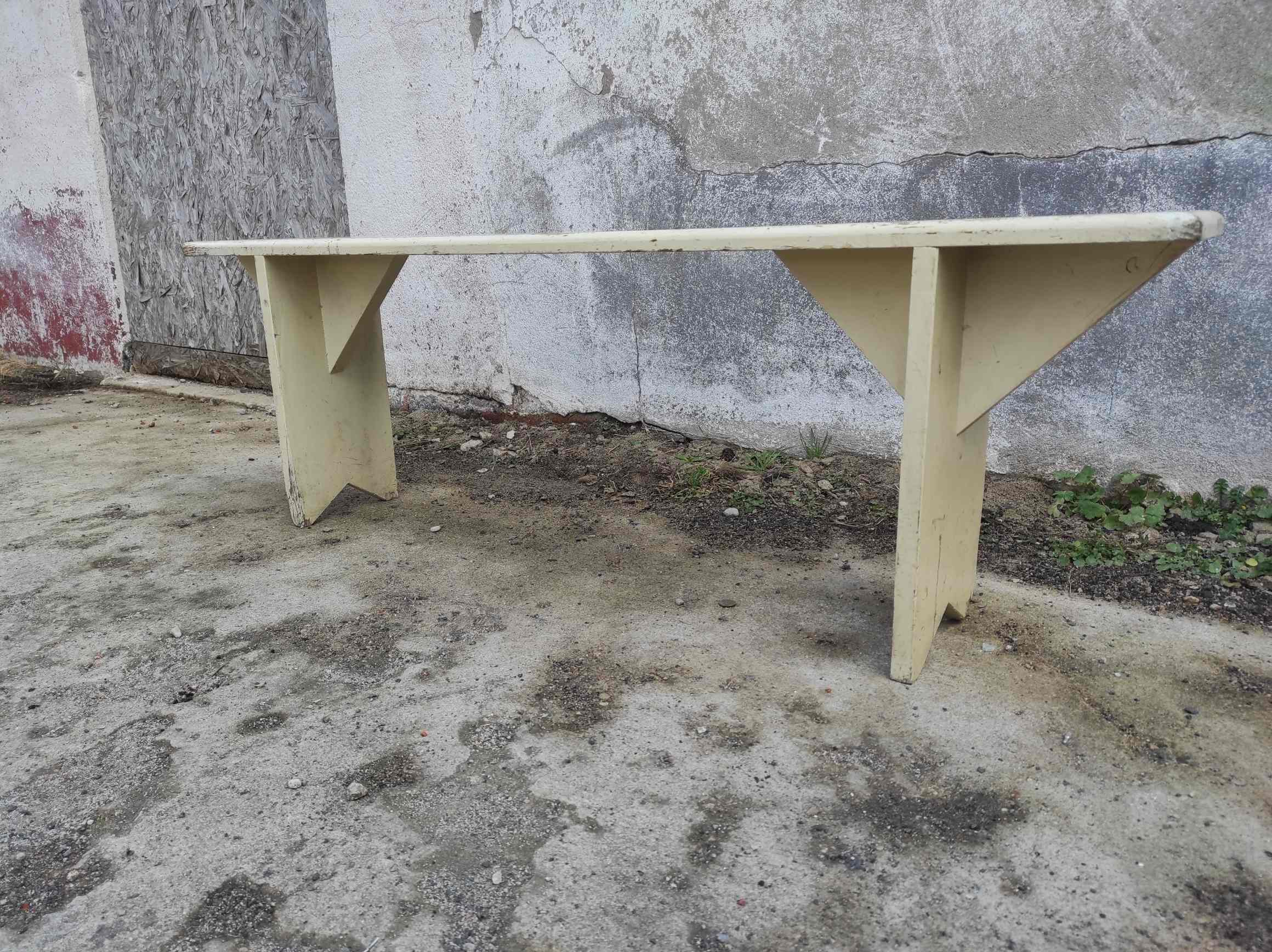 Old wooden farm bench vintage white fir industrial cloakroom