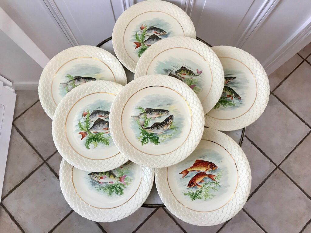 lot of 8 flat plates Gien fish 50s