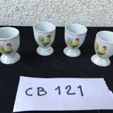 set of 4 vintage rooster hen egg cups in white enameled porcelain