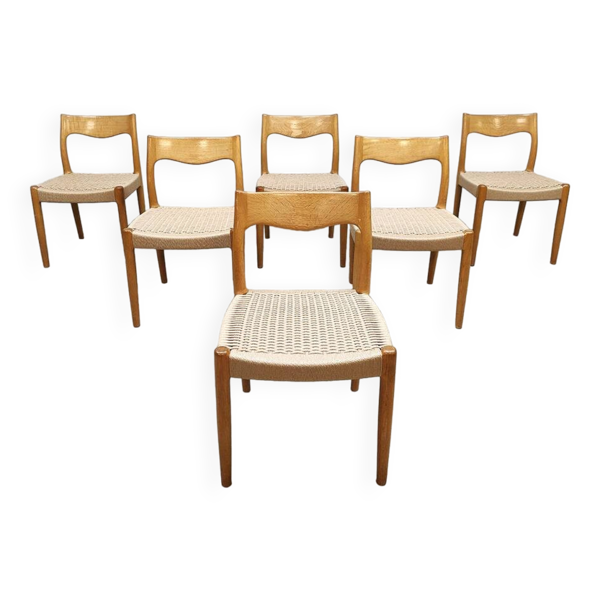 Chaises de salle à manger danoises vintage en corde de papier en chêne 'Wabi-Sabi'