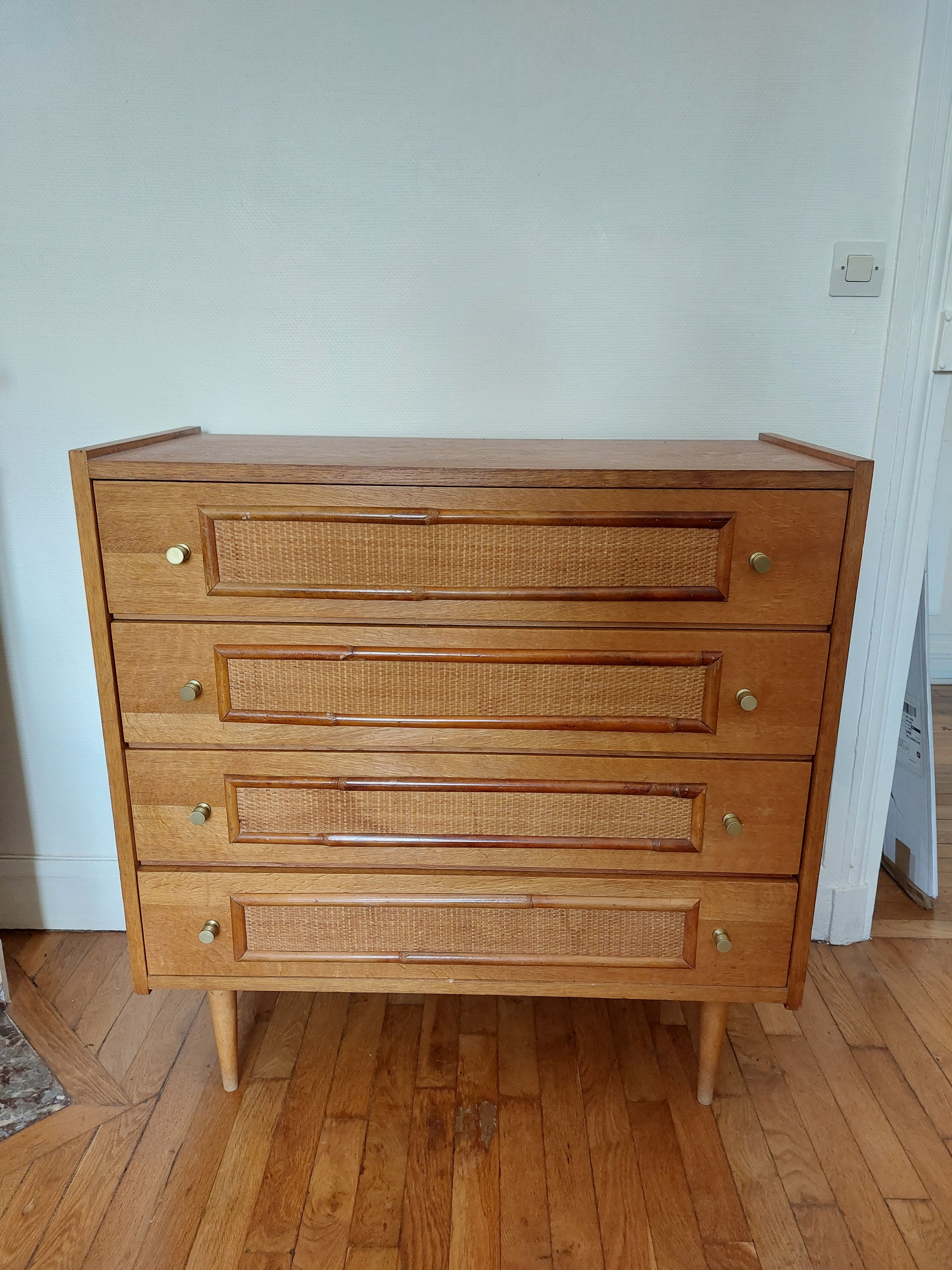 Vintage wood and rattan chest of drawers