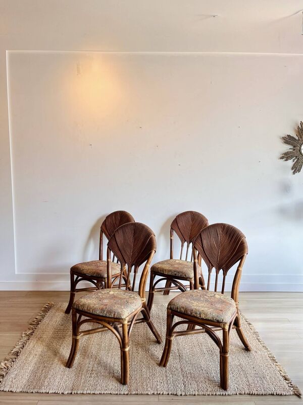 4 Chaise ‘Pencil reed’ Rotin motif feuille de palme