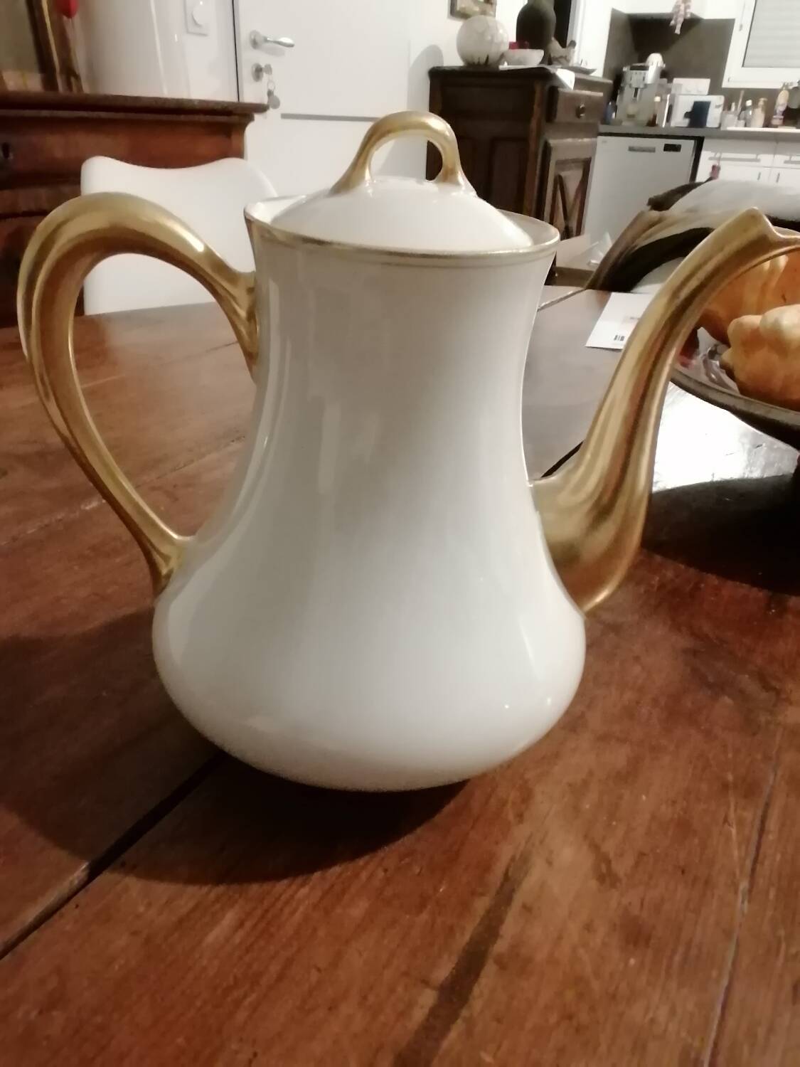 Old white and gold Limoges porcelain coffee maker