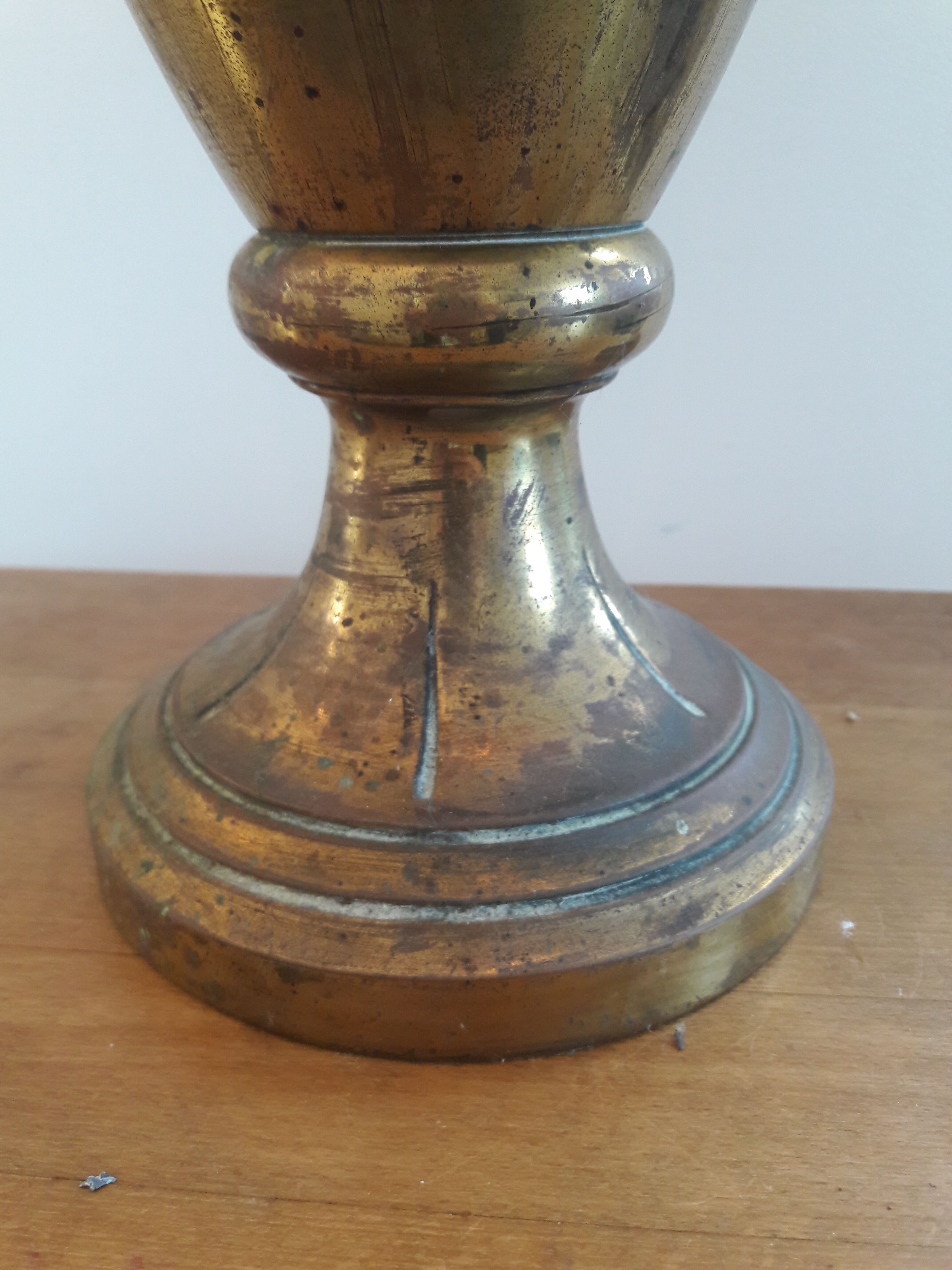 Brass amphora vase - copper art deco style on pedestal with floral pattern handles