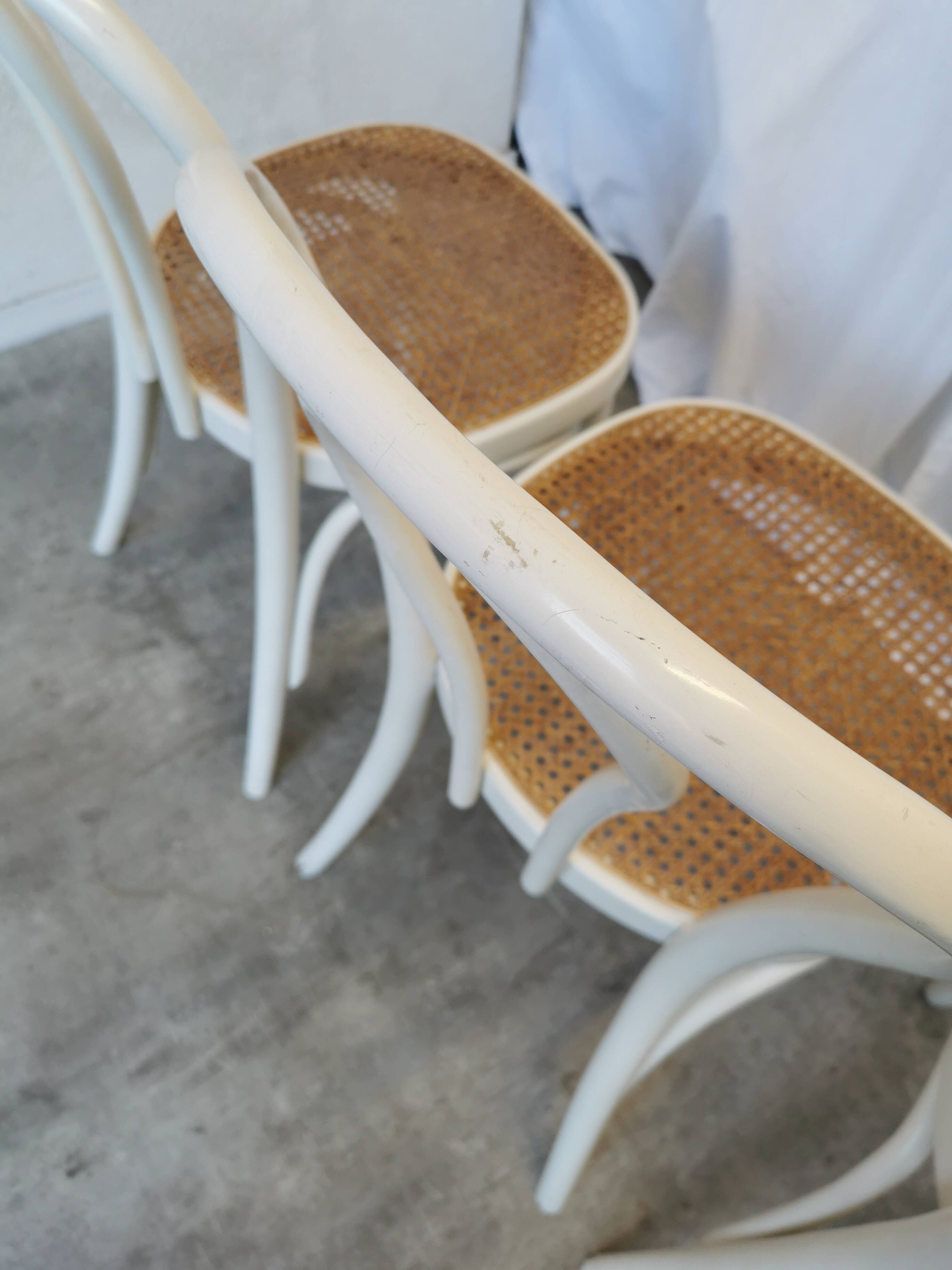 Set of 4 Vintage Thonet Style Dining Chairs: White Wood & Cane