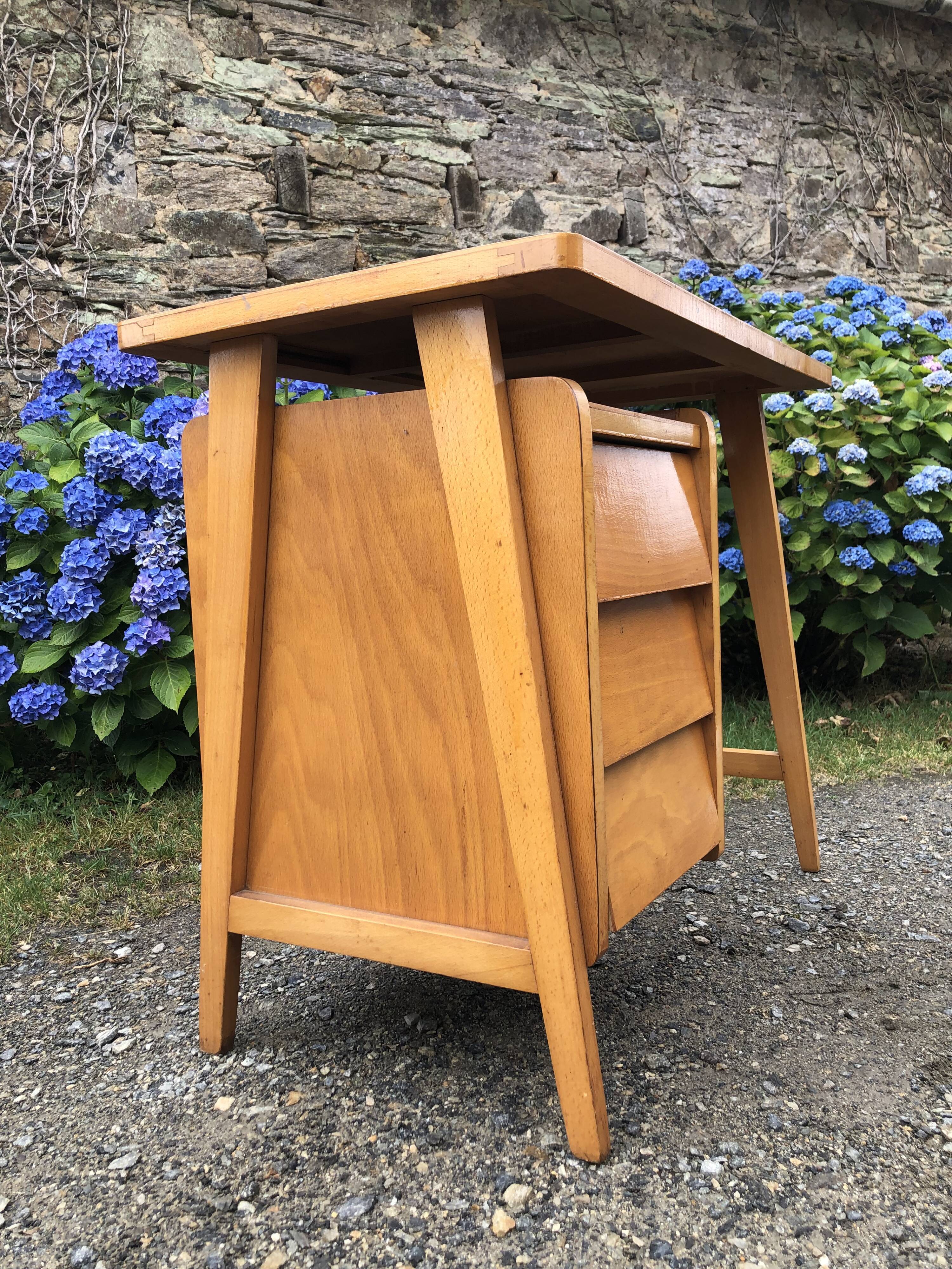 Vintage desk with beech compass legs with 3 drawers.