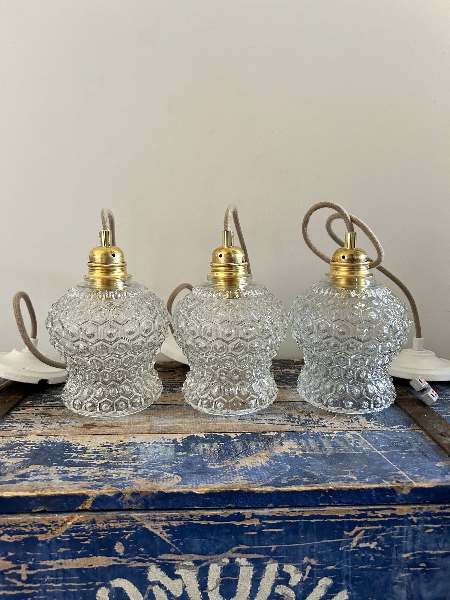 Set of three vintage pendant lamps in chiseled glass