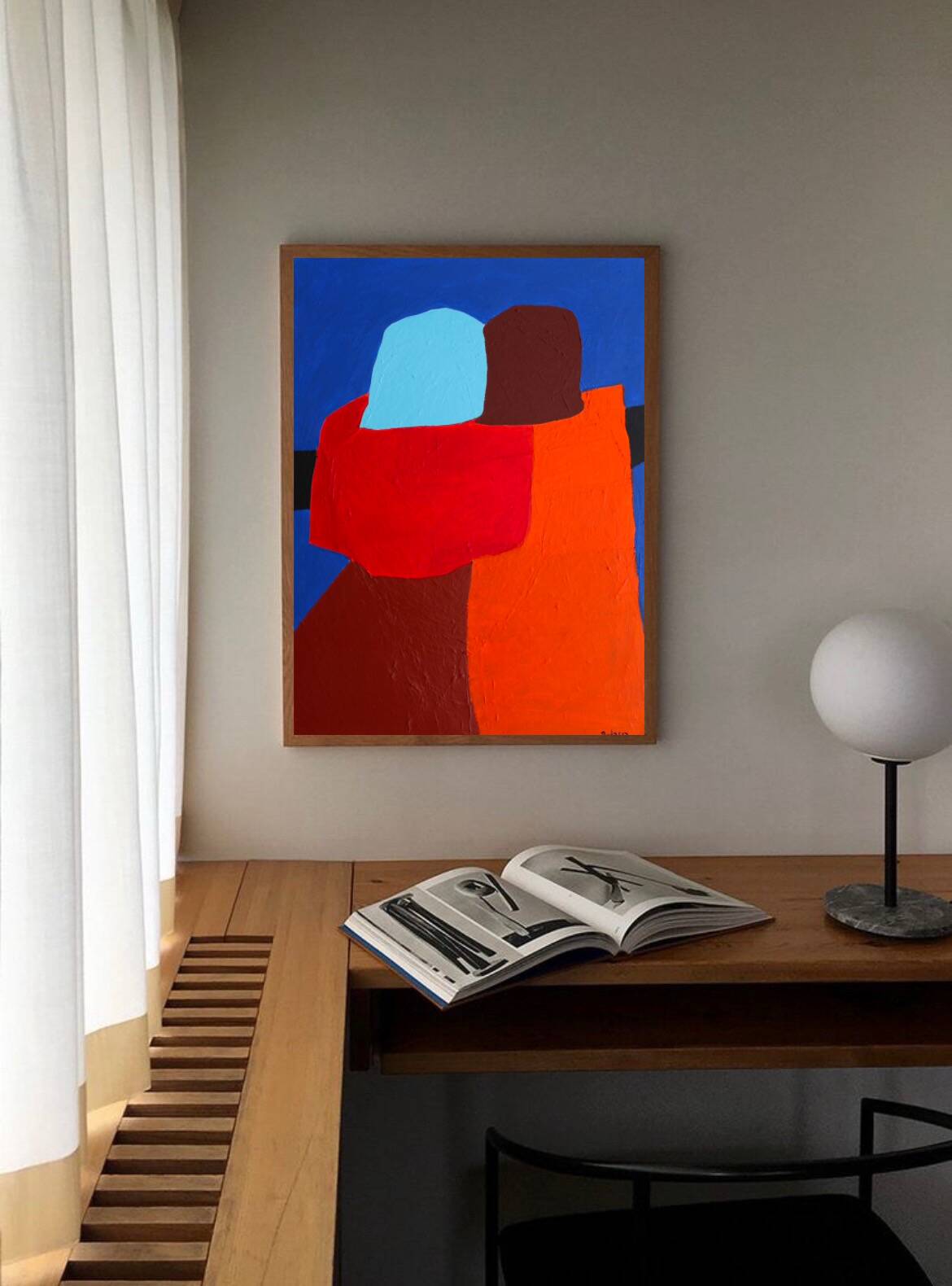 Figurative art couple blue background signed