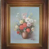 Tableau bouquet de fleurs multicolores peinture huile sur toile signé domberg