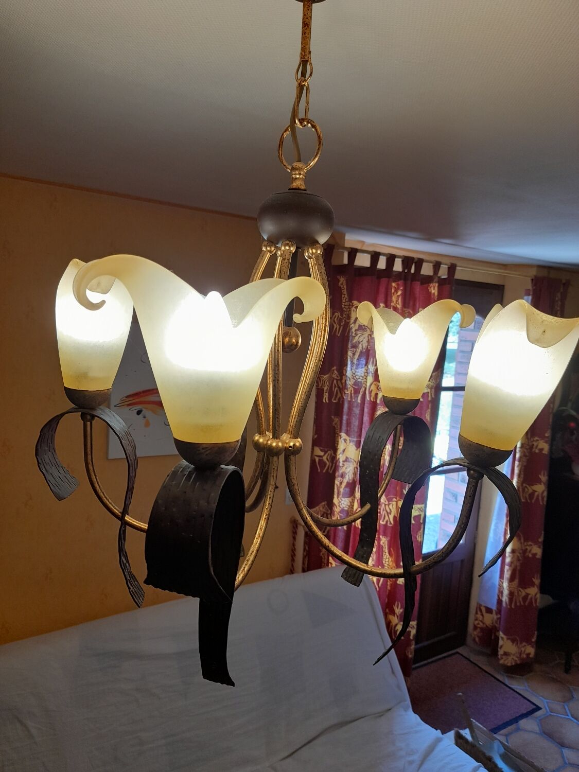 Chandelier 5 arms original 1980 in metal and polished glass