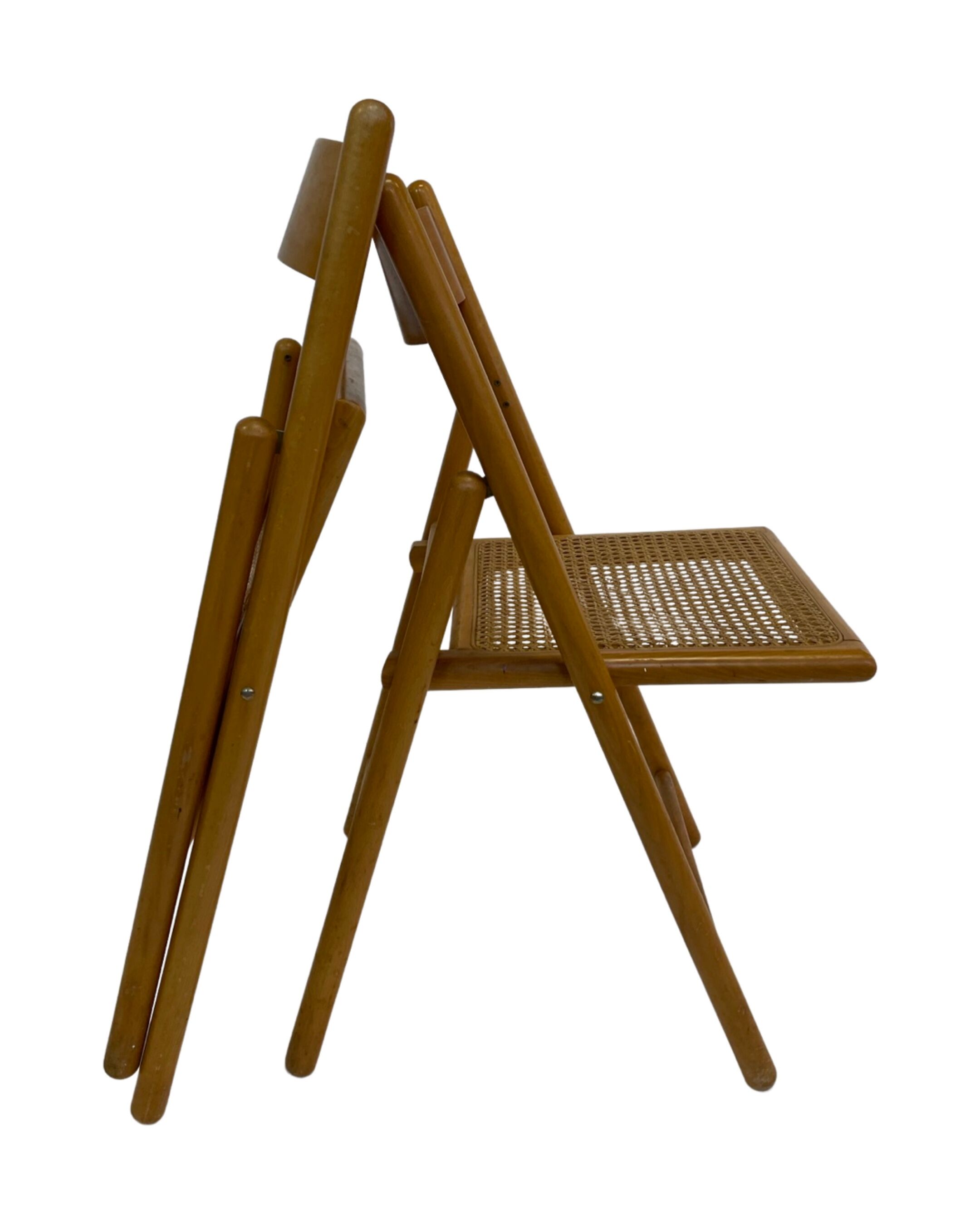 Set of four vintage folding chairs with webbing and wood 1970s