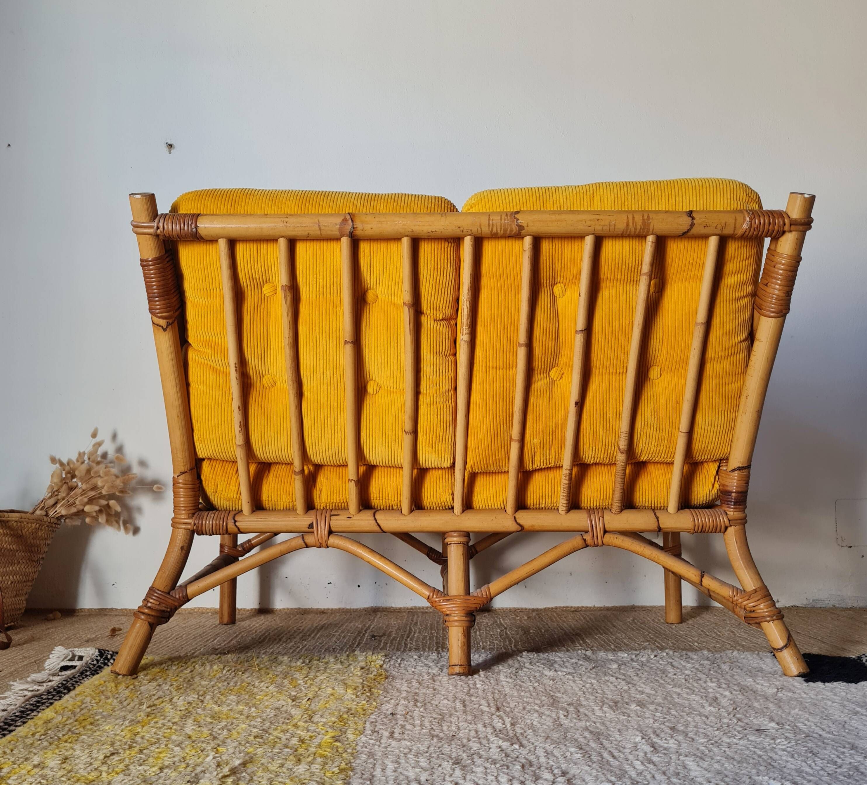 1960s rattan bench - yellow velvet
