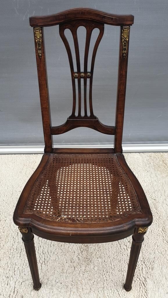 Chair canned 1900 marquetry and bronze louis XVI style