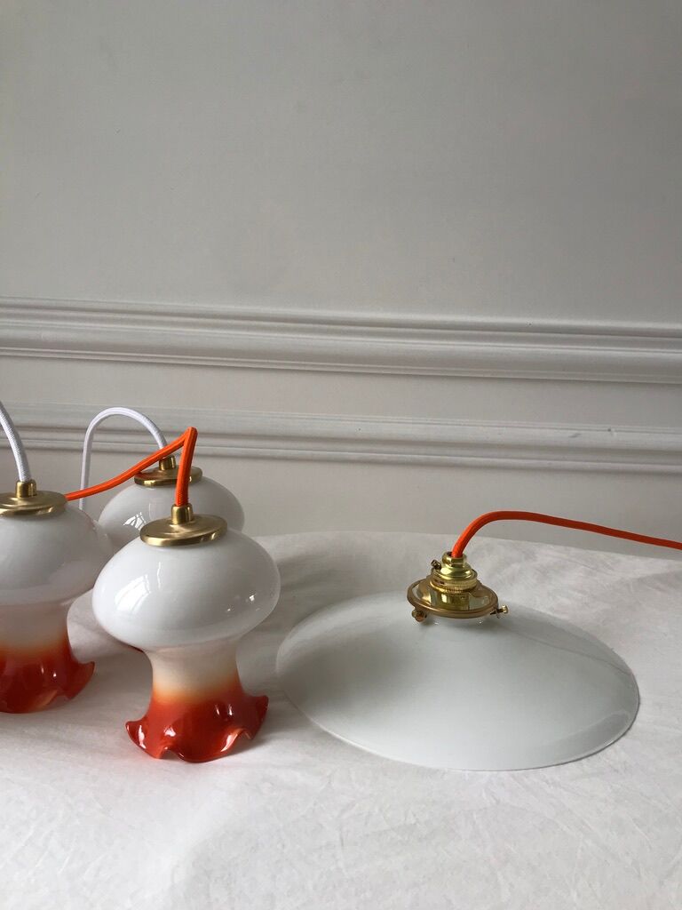 Hanging lamp in opaline smooth orange thread early twentieth century