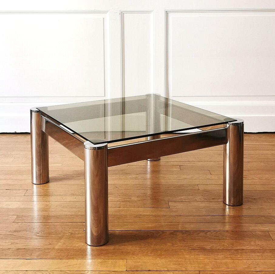 Square chrome and smoked glass coffee table, 1970