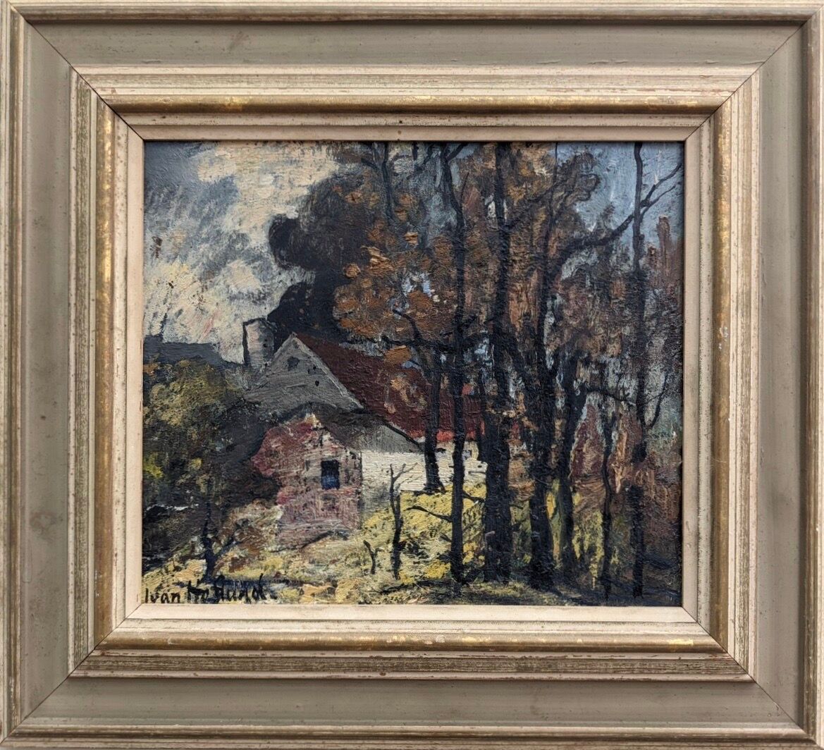 Mid-Century Modern "Cottage in the Forest" Swedish Vintage Expressionist Landscape Oil Painting, Fra