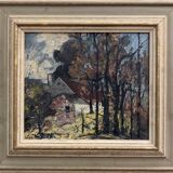 Mid-Century Modern "Cottage in the Forest" Swedish Vintage Expressionist Landscape Oil Painting, Fra