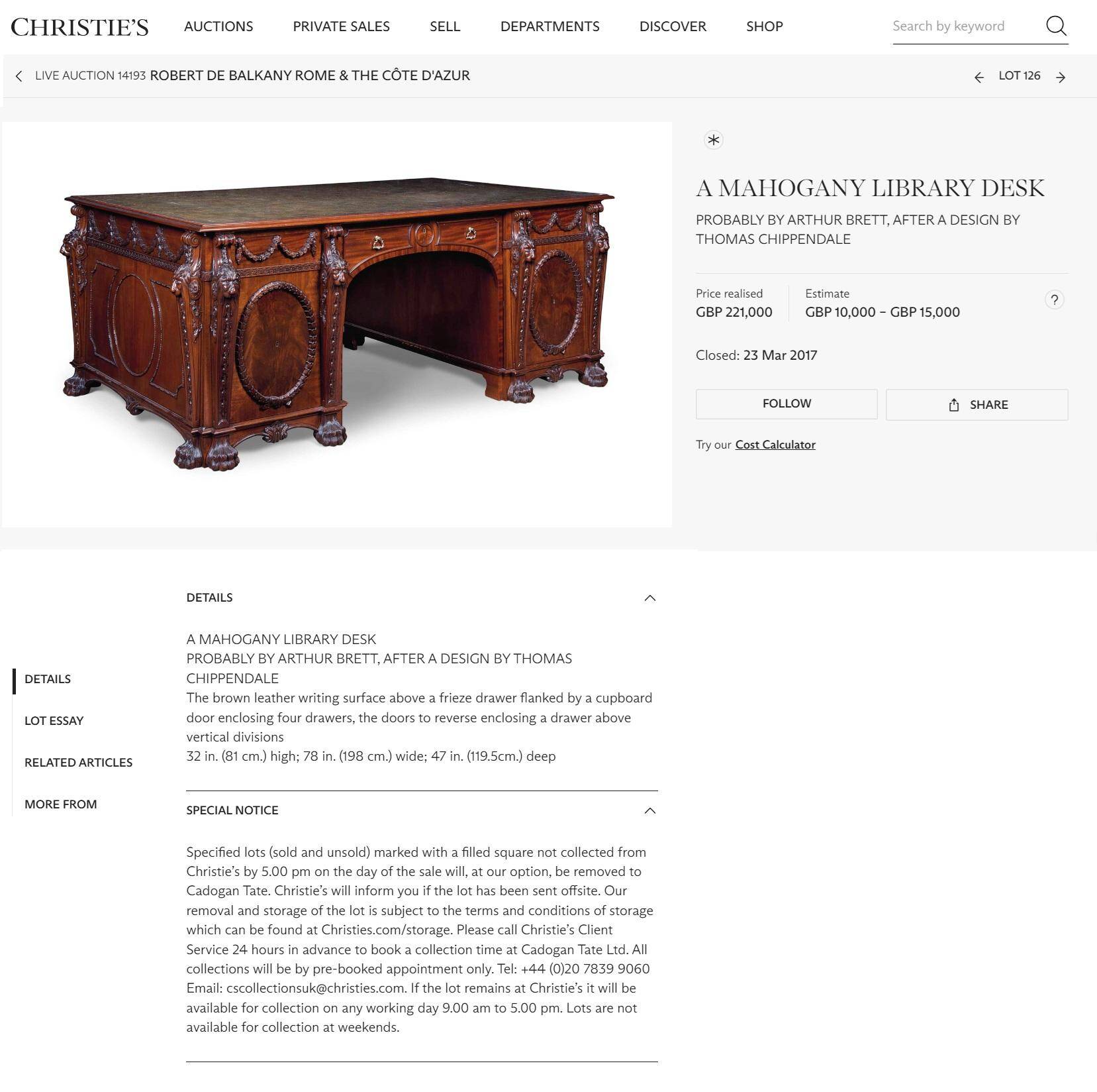 Partner desk with two carved columns featuring lion heads, according to Thomas Chippendale, restored.