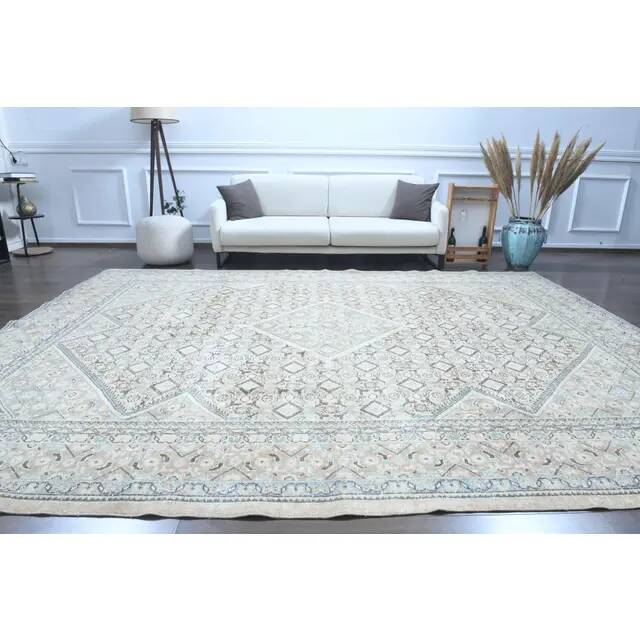 1970s Vintage Persian Handmade Wool Cotton Beige Area Rug 287x384