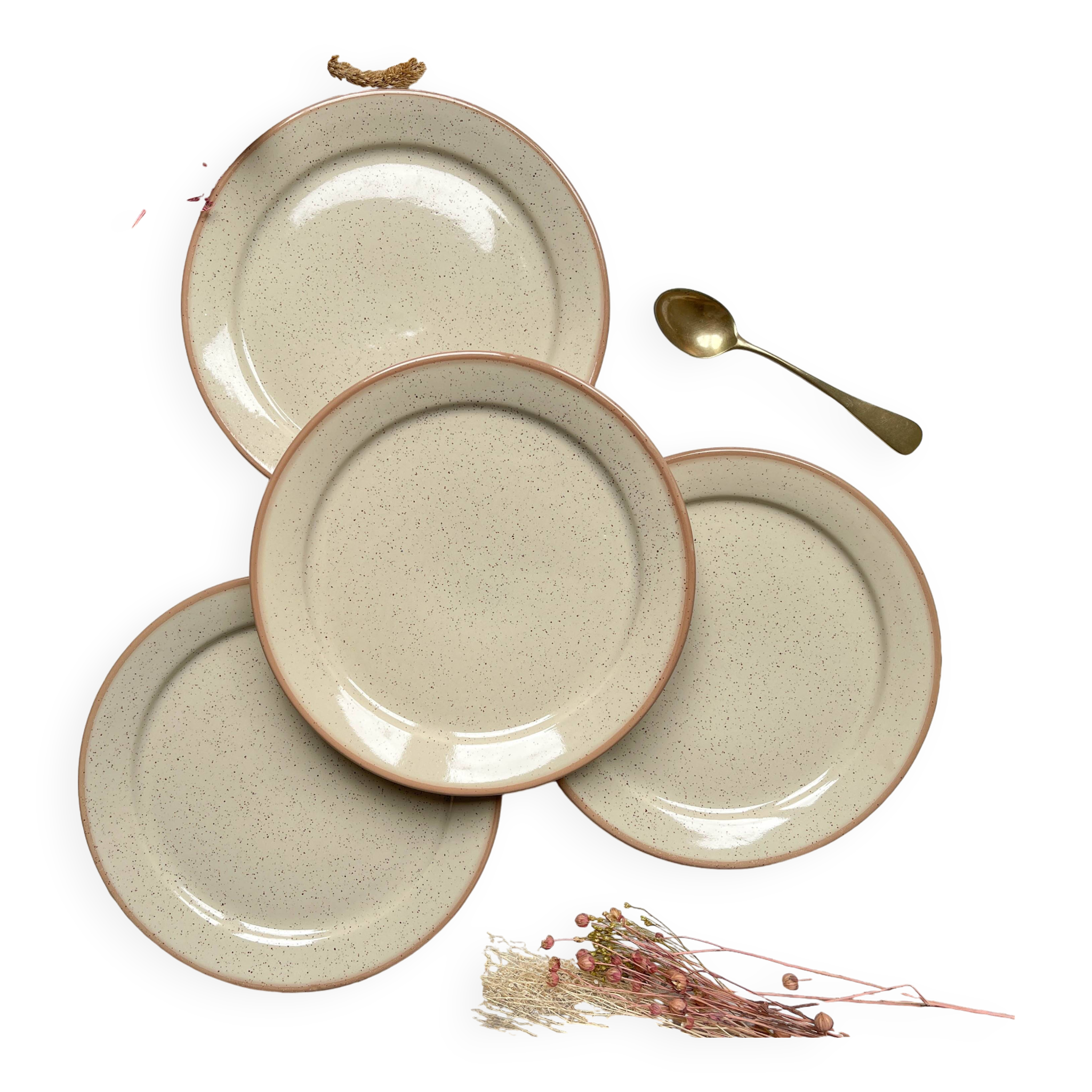 4 Small plates in speckled stoneware, Tulowice style, mid-century, 20th century