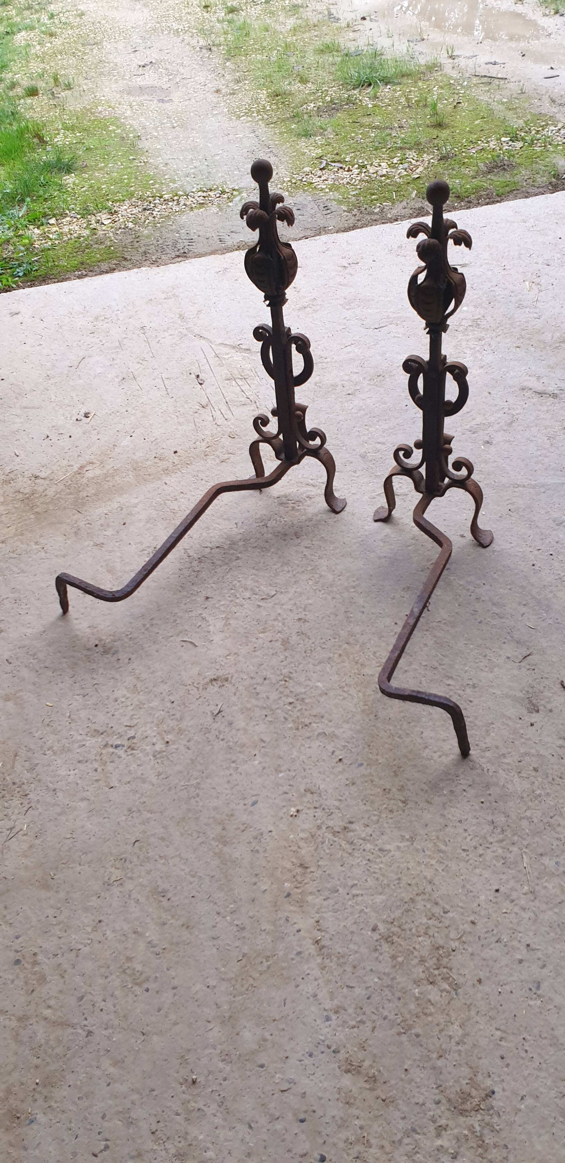 Pair of Wrought Iron Andirons with Refined Ornamentation - 20th Century