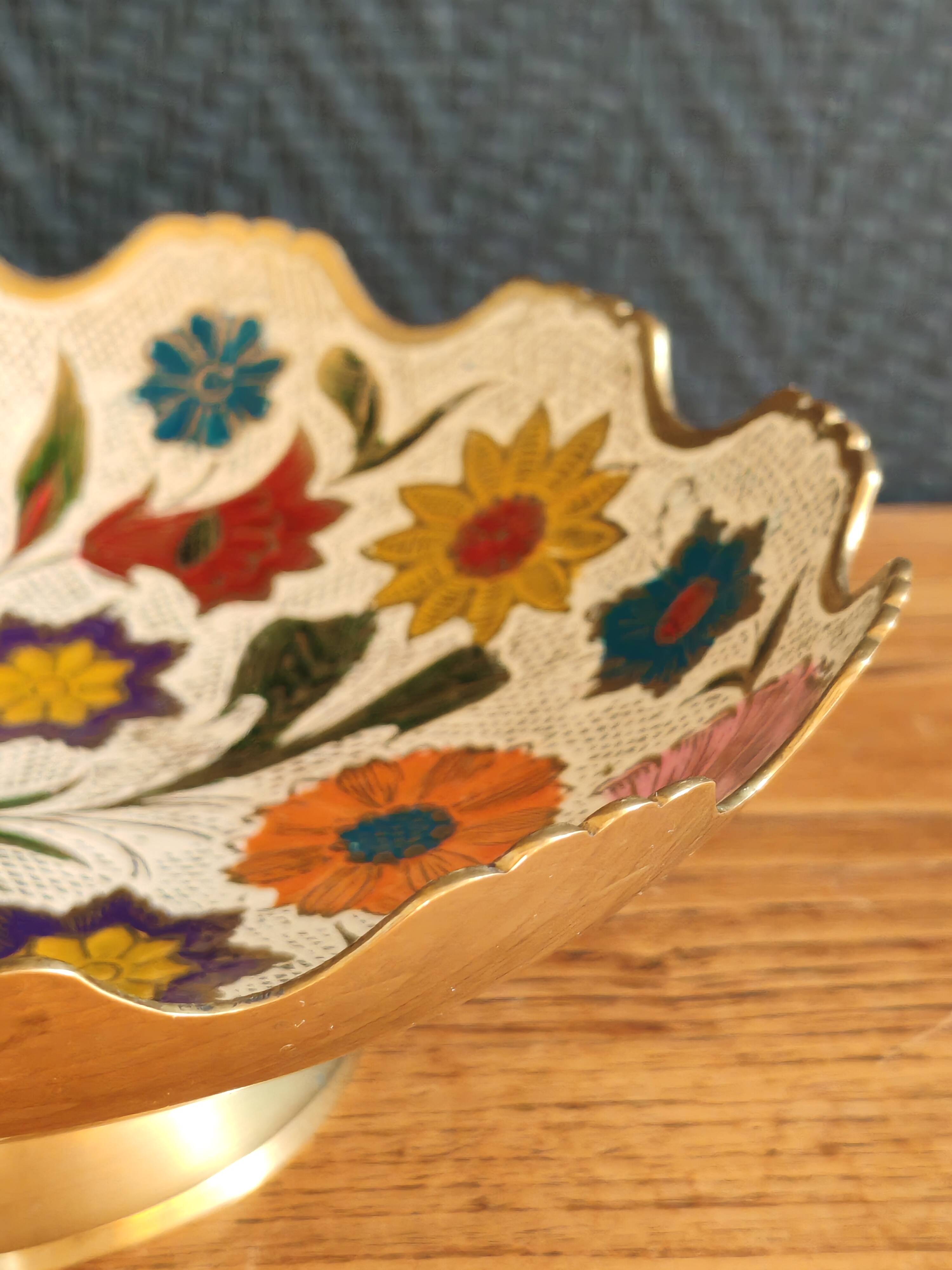 Vintage Enamelled Brass Fruit Bowl – Floral Centrepiece with Edge Fe