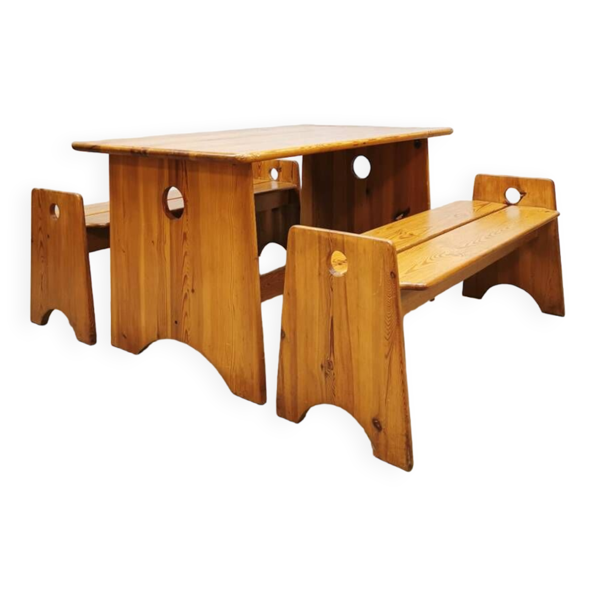 Midcentury Swedish pine wood benches dining set