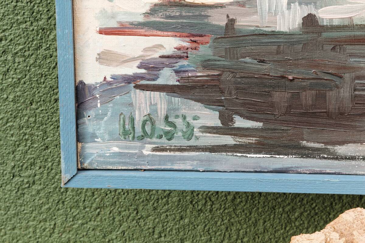 Oil on canvas from the 1950s, snowy landscape.